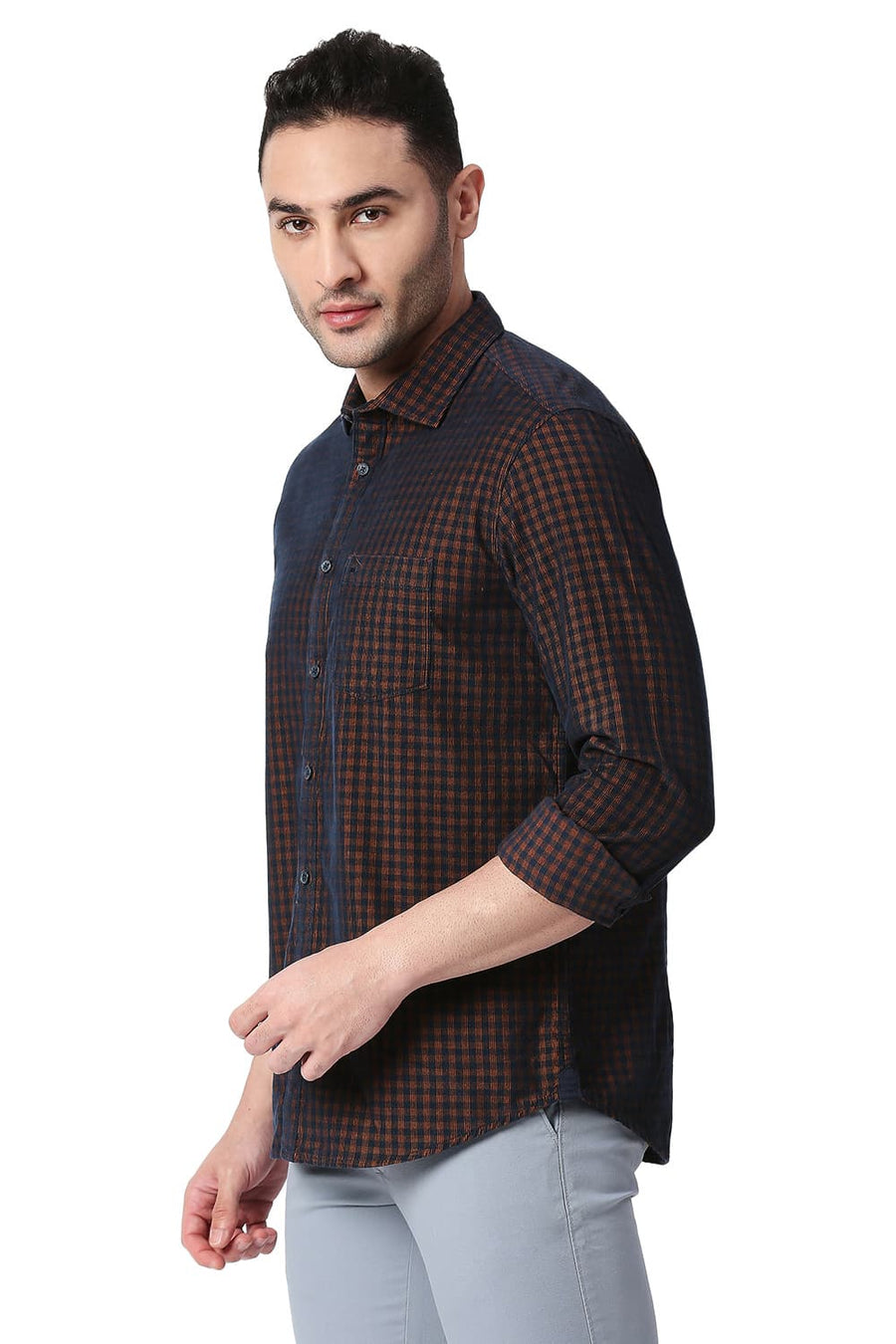 BASICS SLIM FIT EARTH BROWN COTTON CORDUORY CHECKS SHIRT