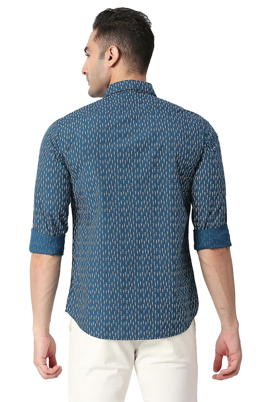 BASICS SLIM FIT CORSAIR BLUE COTTON POPLIN PRINTED SHIRT