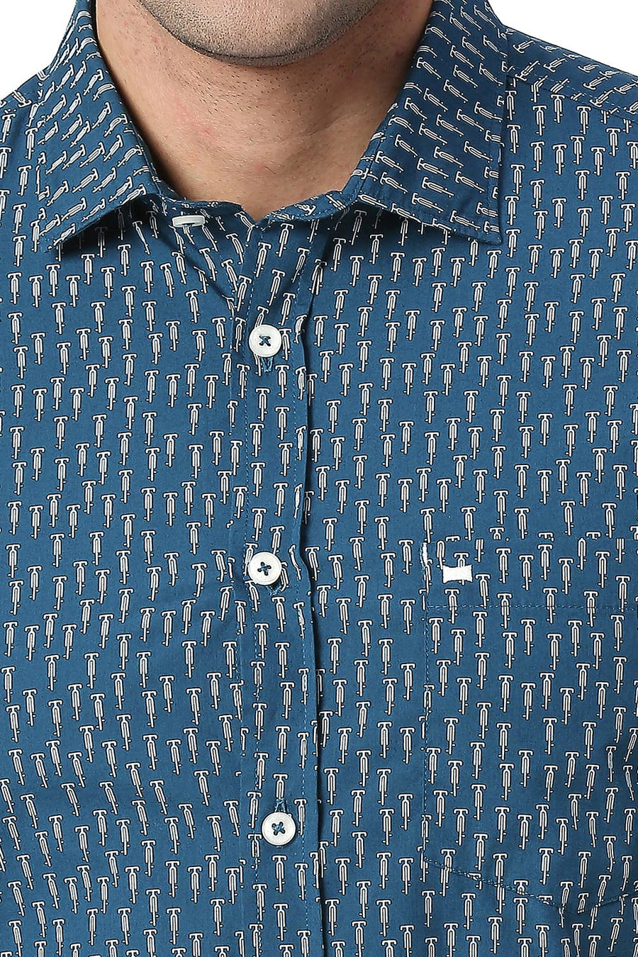 BASICS SLIM FIT CORSAIR BLUE COTTON POPLIN PRINTED SHIRT