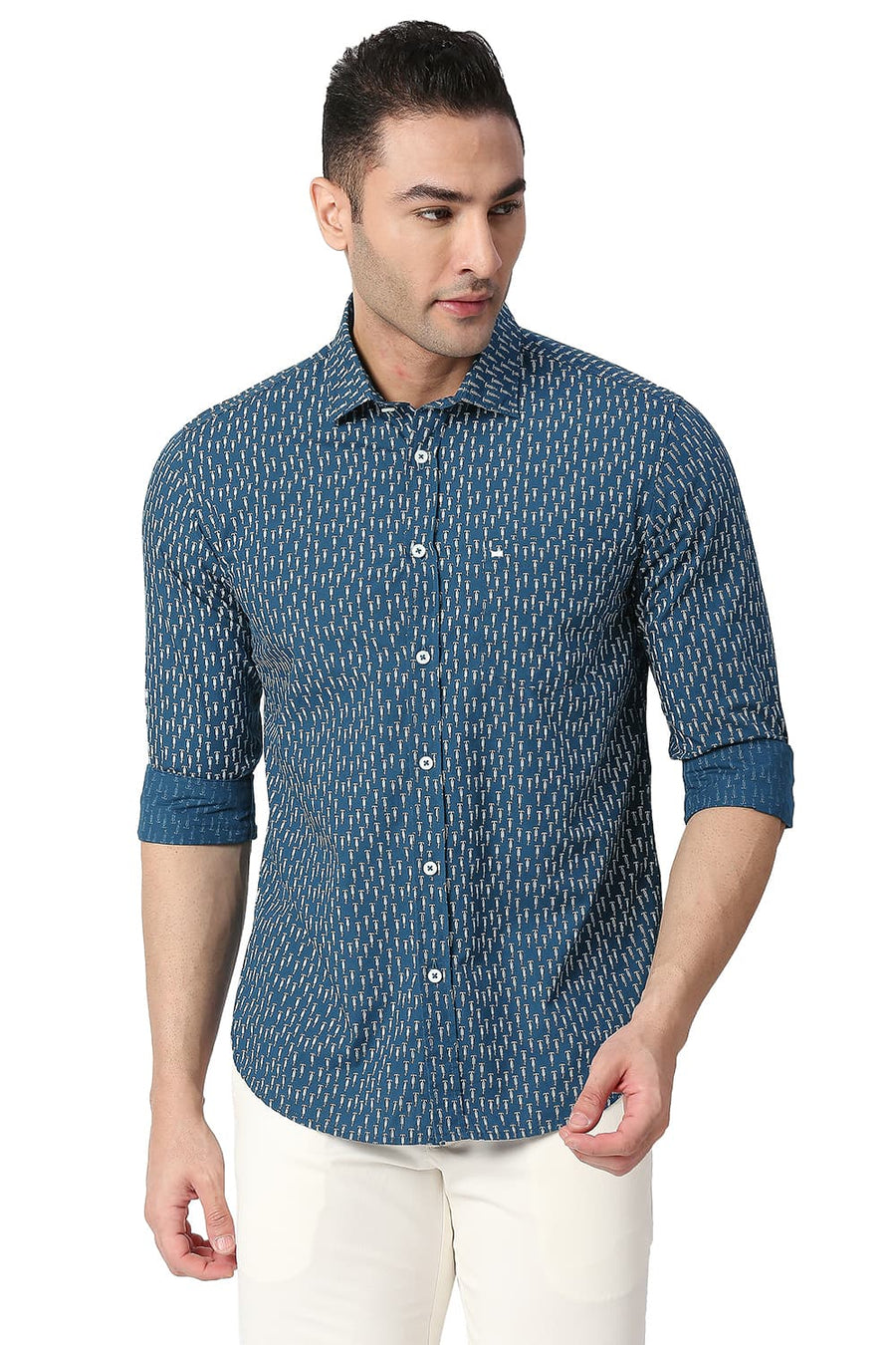 BASICS SLIM FIT CORSAIR BLUE COTTON POPLIN PRINTED SHIRT