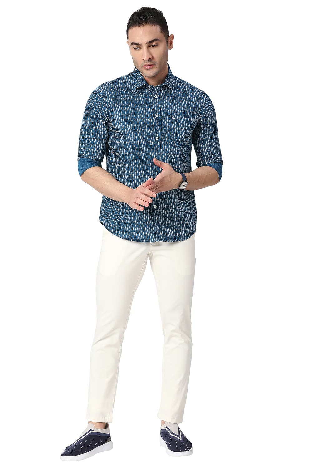 BASICS SLIM FIT COTTON POPLIN PRINTED SHIRT