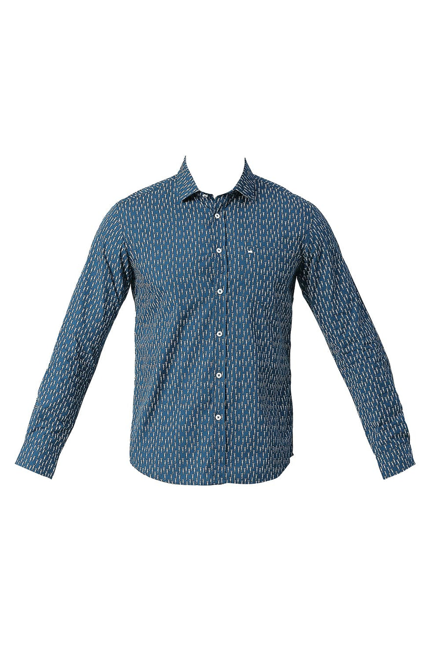 BASICS SLIM FIT CORSAIR BLUE COTTON POPLIN PRINTED SHIRT