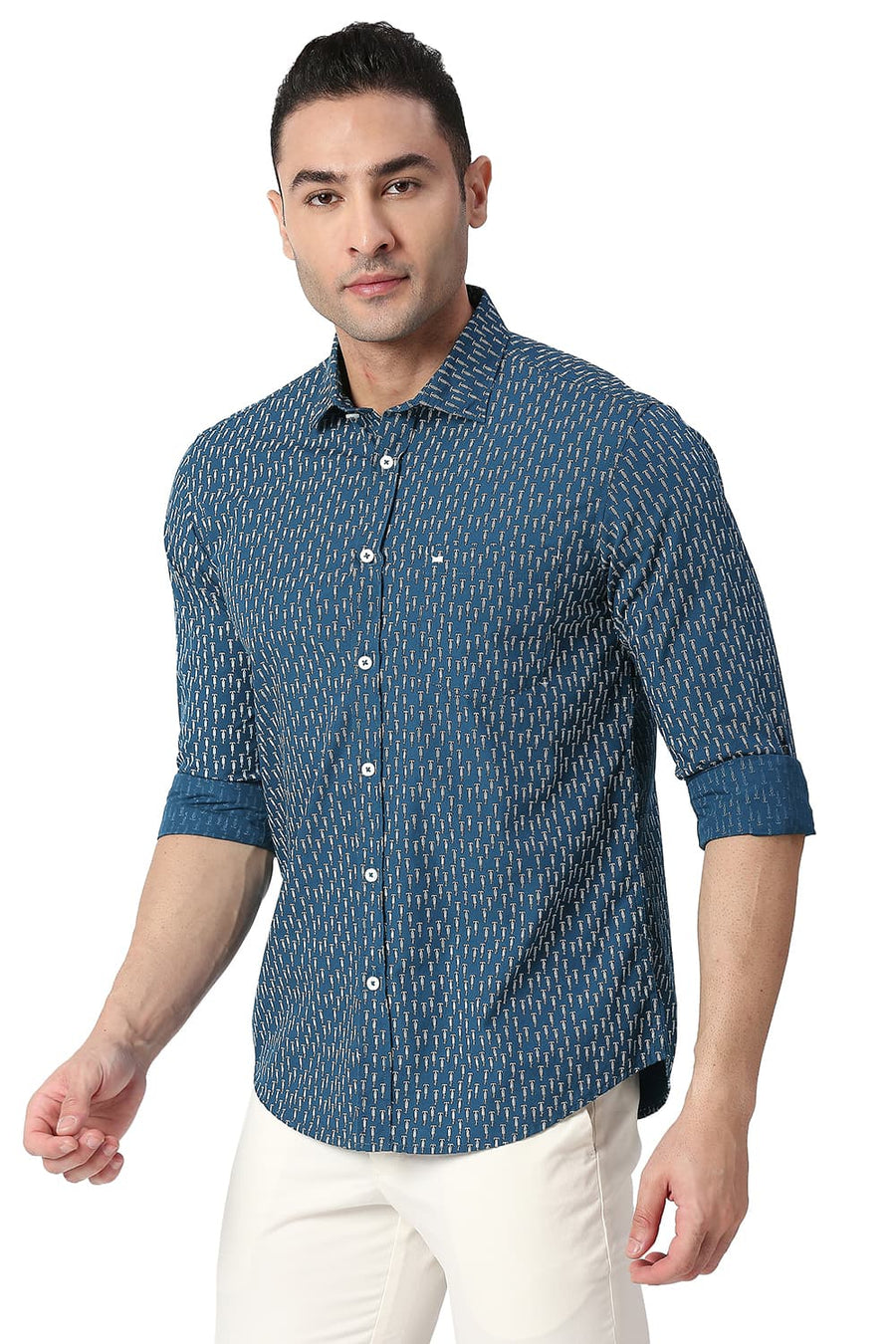 BASICS SLIM FIT CORSAIR BLUE COTTON POPLIN PRINTED SHIRT