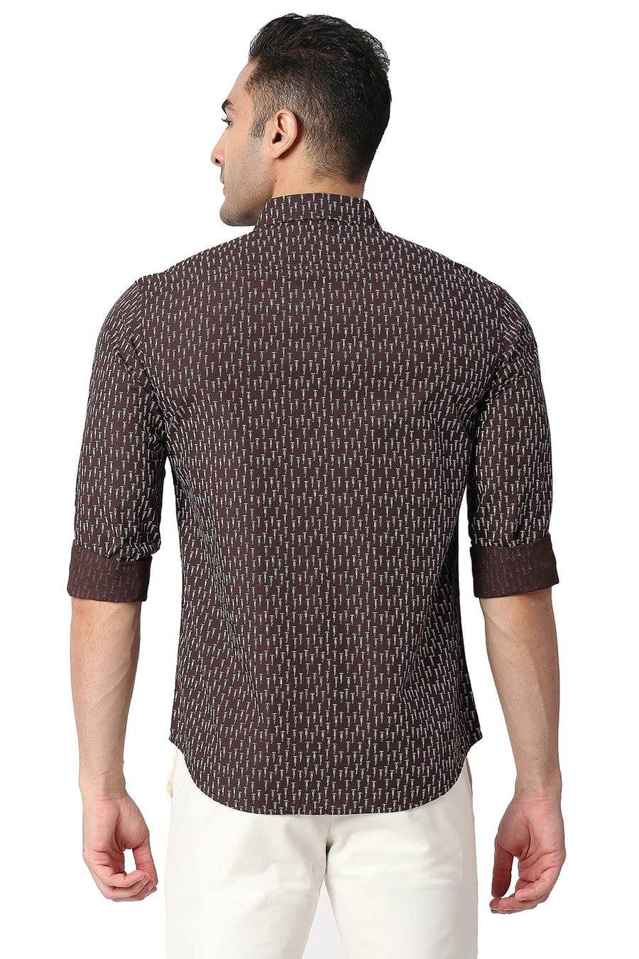 BASICS SLIM FIT TURKISH COFFEE COTTON POPLIN PRINTED SHIRT