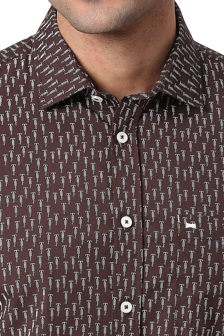 BASICS SLIM FIT TURKISH COFFEE COTTON POPLIN PRINTED SHIRT