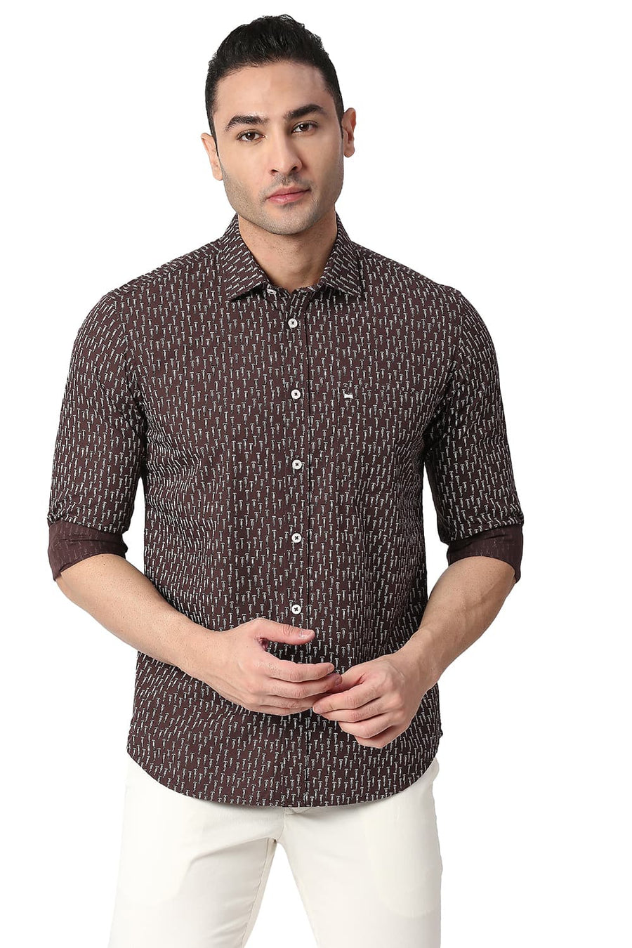 BASICS SLIM FIT TURKISH COFFEE COTTON POPLIN PRINTED SHIRT