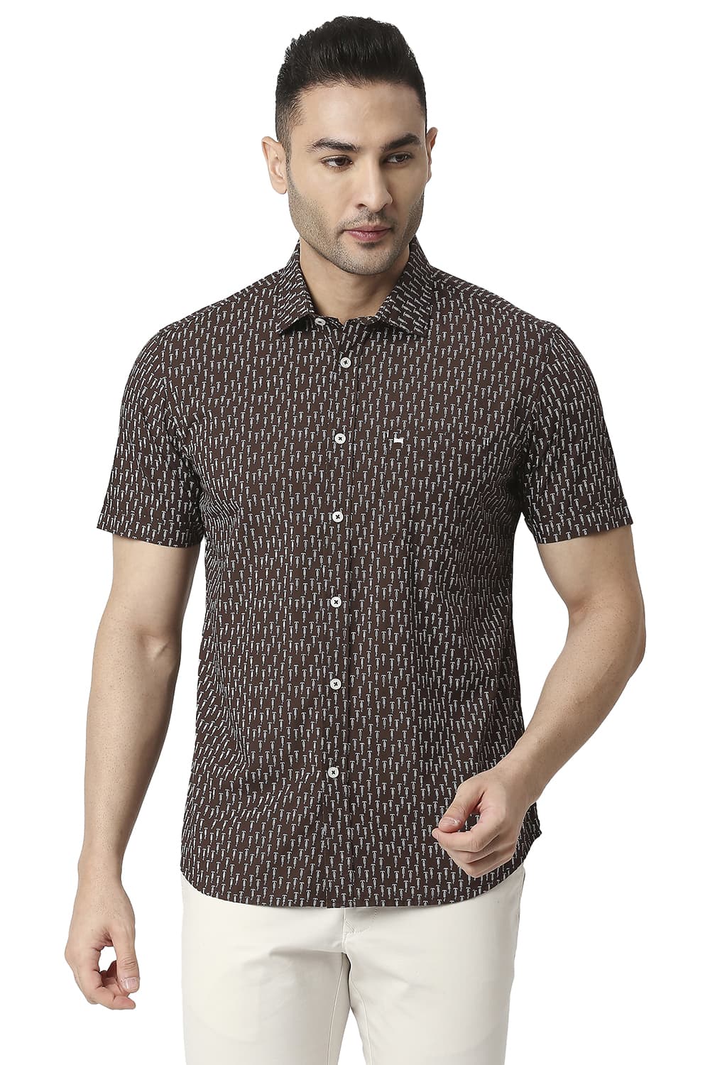 BASICS SLIM FIT COTTON POPLIN PRINTED SHIRT