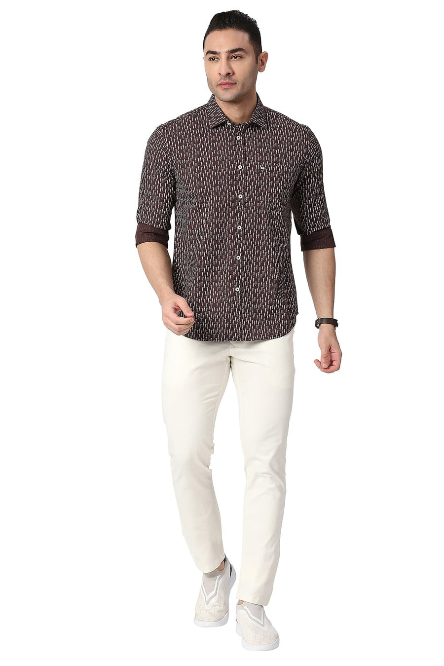 BASICS SLIM FIT TURKISH COFFEE COTTON POPLIN PRINTED SHIRT