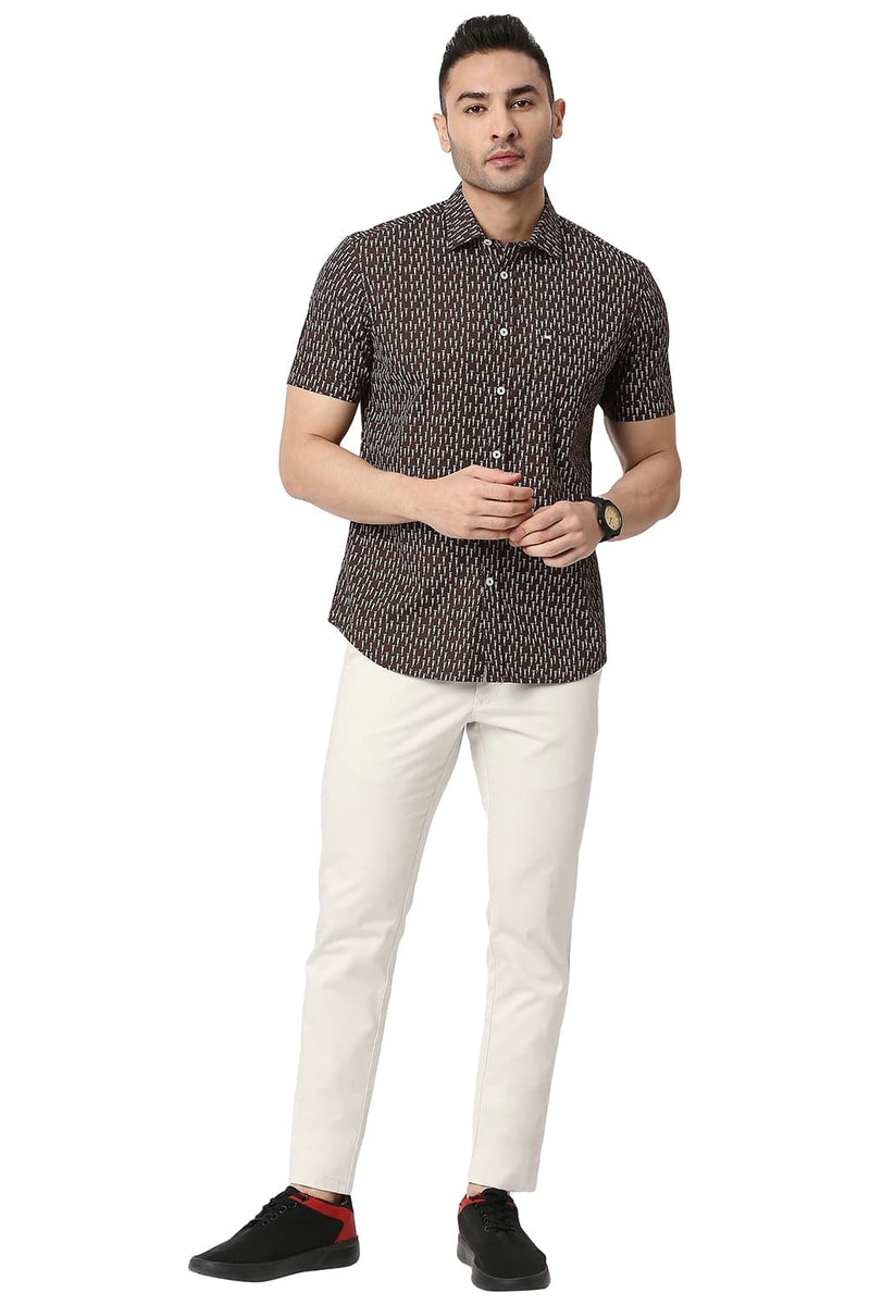 BASICS SLIM FIT COTTON POPLIN PRINTED HALFSLEEVES SHIRT