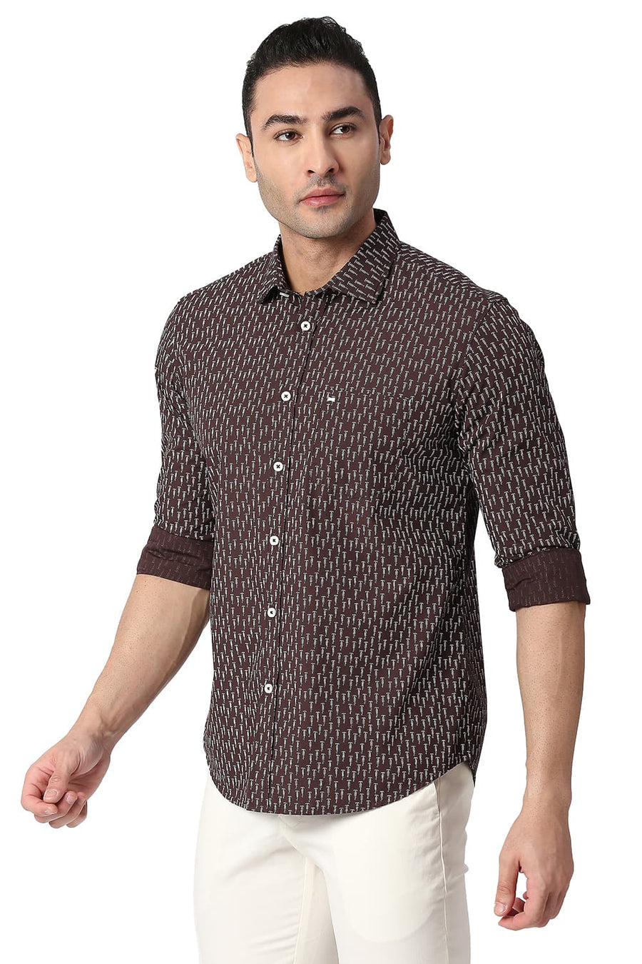 BASICS SLIM FIT TURKISH COFFEE COTTON POPLIN PRINTED SHIRT