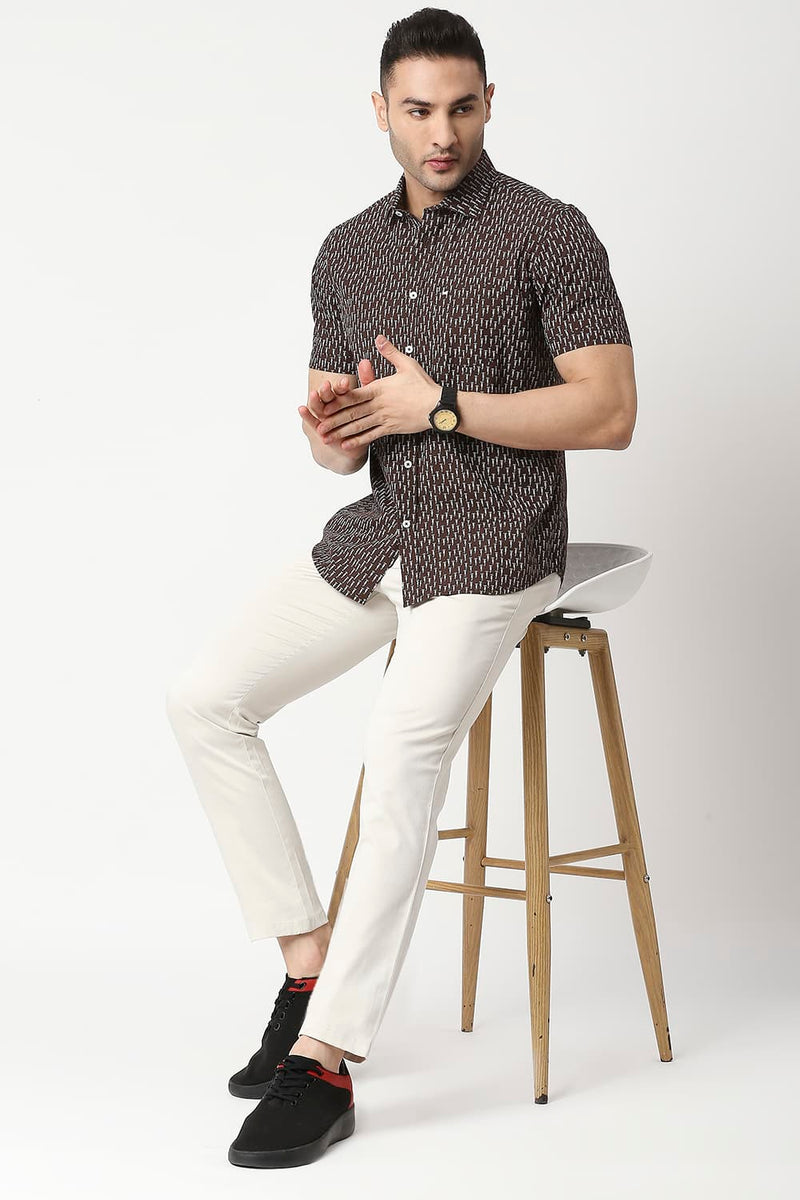 Slim Fit Cotton Poplin Printed Halfsleeves Shirt