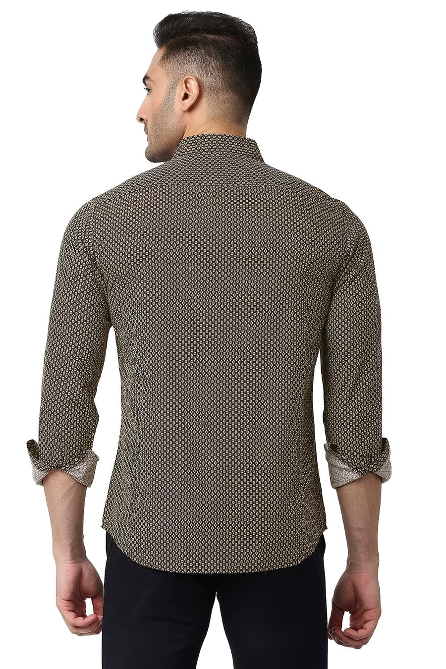 BASICS SLIM FIT YARROW KHAKI COTTON POPLIN PRINTED SHIRT