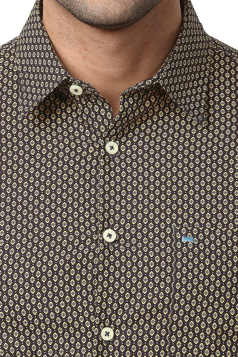 BASICS SLIM FIT YARROW KHAKI COTTON POPLIN PRINTED SHIRT
