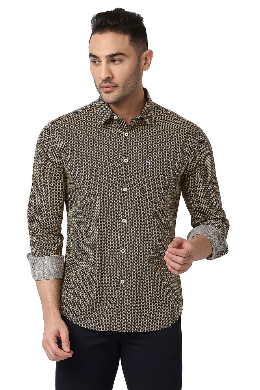 BASICS SLIM FIT YARROW KHAKI COTTON POPLIN PRINTED SHIRT