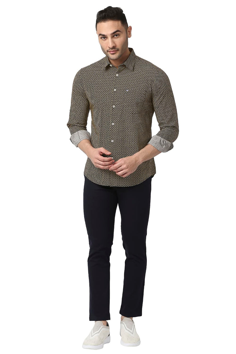 BASICS SLIM FIT YARROW KHAKI COTTON POPLIN PRINTED SHIRT