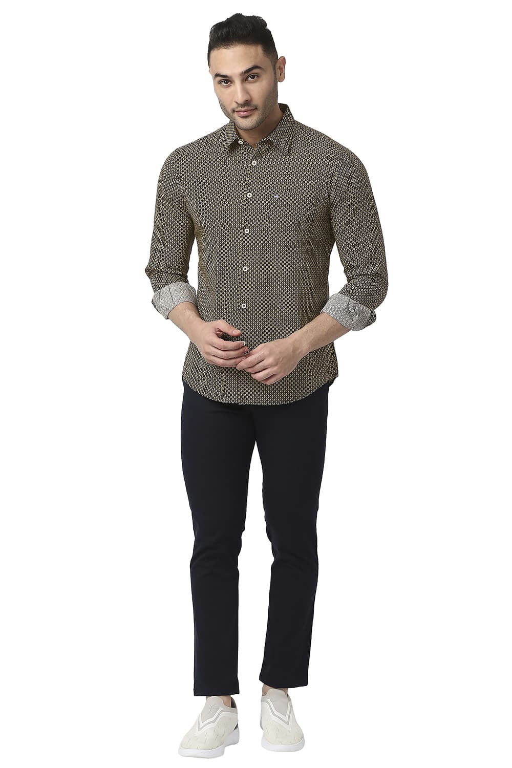 BASICS SLIM FIT COTTON POPLIN PRINTED SHIRT