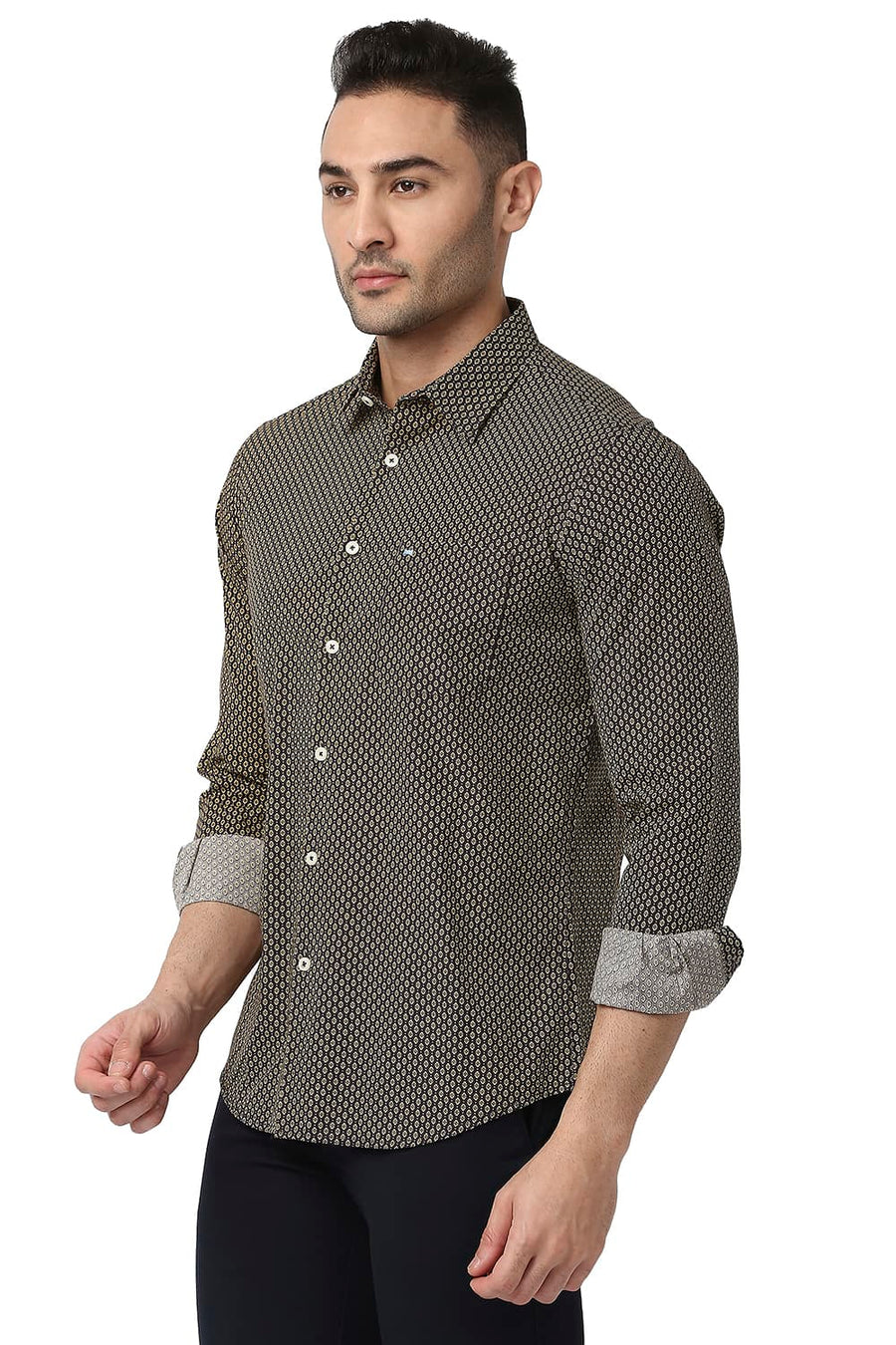 BASICS SLIM FIT YARROW KHAKI COTTON POPLIN PRINTED SHIRT