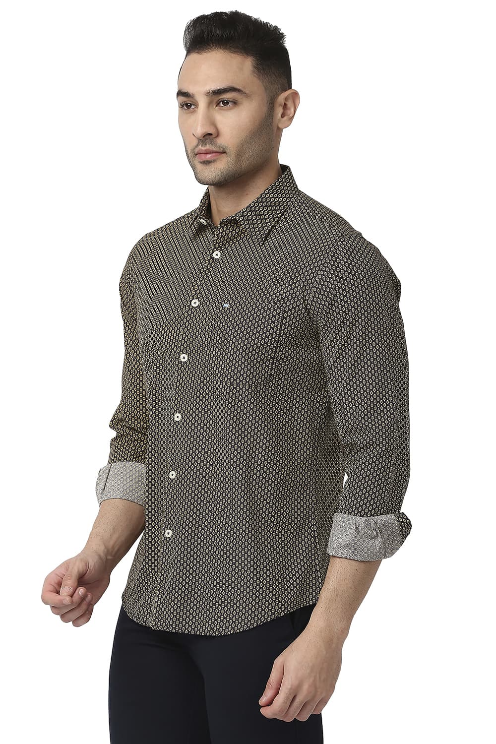 BASICS SLIM FIT COTTON POPLIN PRINTED SHIRT