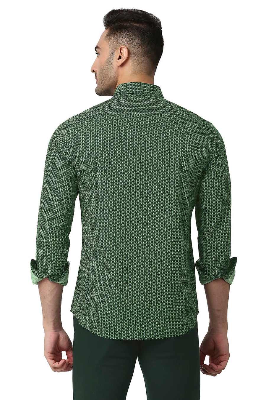 BASICS SLIM FIT PIQUANT GREEN COTTON POPLIN PRINTED SHIRT