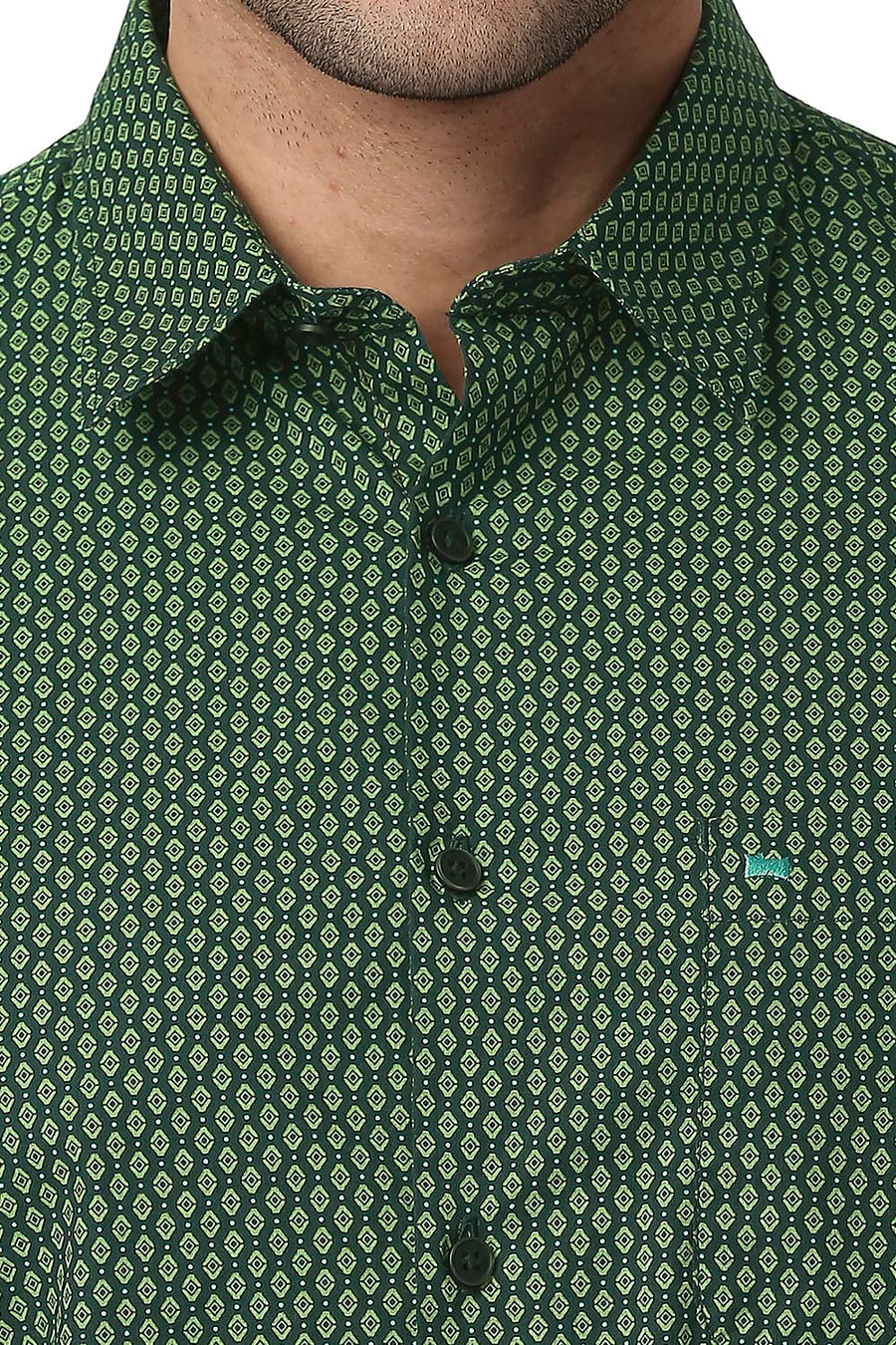 BASICS SLIM FIT PIQUANT GREEN COTTON POPLIN PRINTED SHIRT
