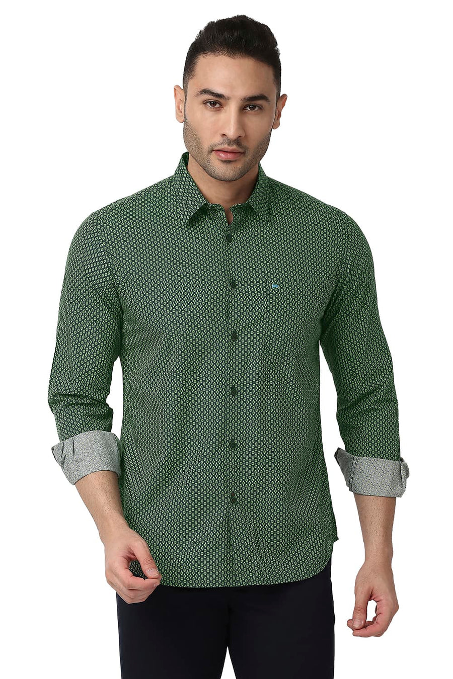 BASICS SLIM FIT PIQUANT GREEN COTTON POPLIN PRINTED SHIRT
