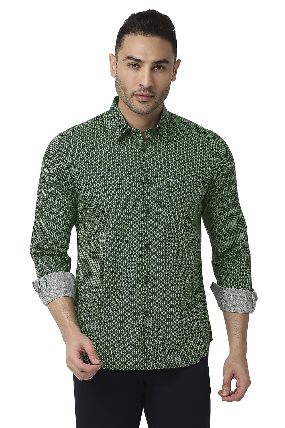 BASICS SLIM FIT COTTON POPLIN PRINTED SHIRT