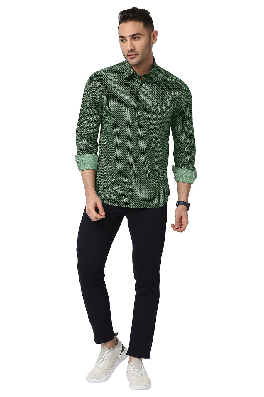 BASICS SLIM FIT PIQUANT GREEN COTTON POPLIN PRINTED SHIRT