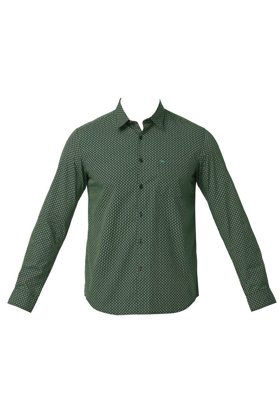 BASICS SLIM FIT PIQUANT GREEN COTTON POPLIN PRINTED SHIRT