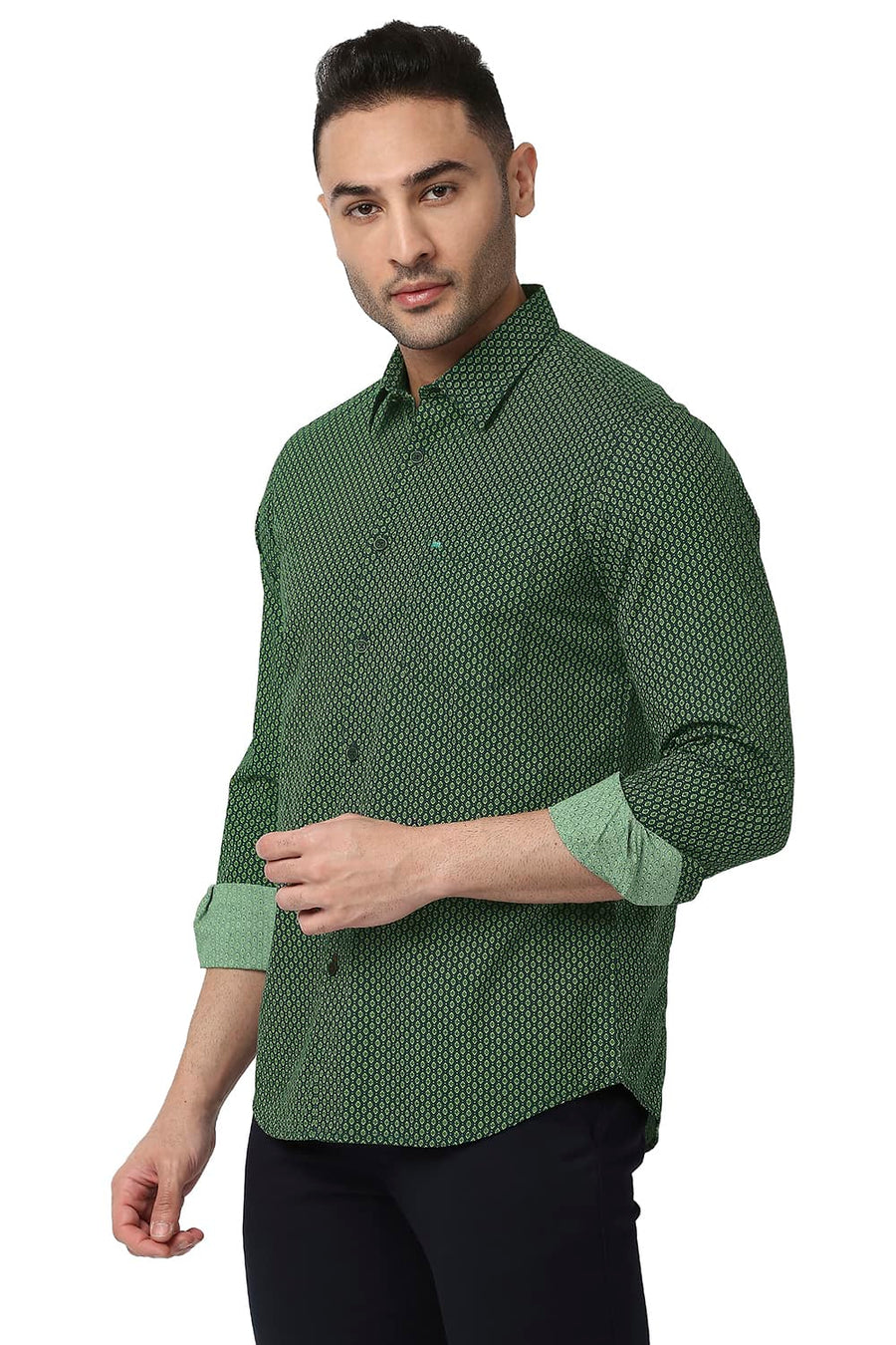 BASICS SLIM FIT PIQUANT GREEN COTTON POPLIN PRINTED SHIRT