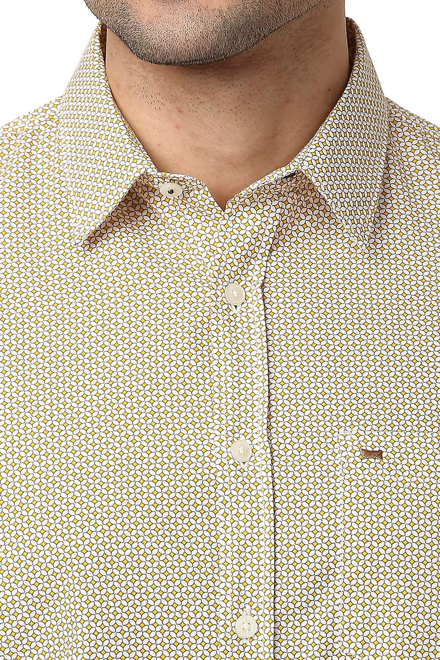 BASICS SLIM FIT LEMON YELLOW COTTON POPLIN PRINTED SHIRT