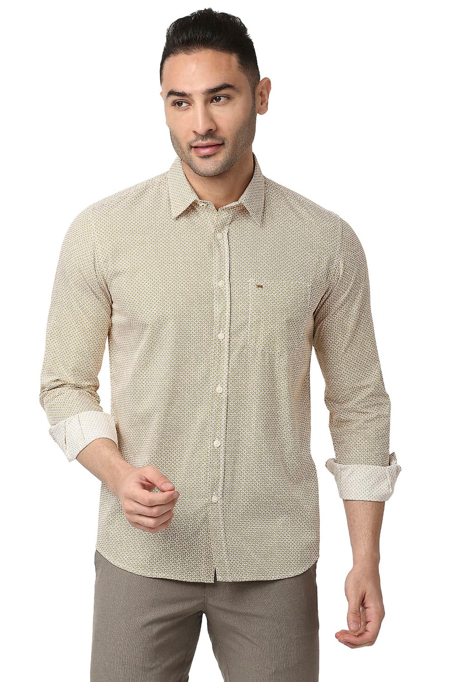 BASICS SLIM FIT LEMON YELLOW COTTON POPLIN PRINTED SHIRT