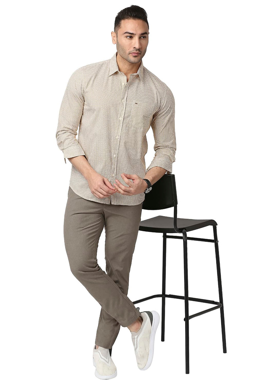BASICS SLIM FIT LEMON YELLOW COTTON POPLIN PRINTED SHIRT