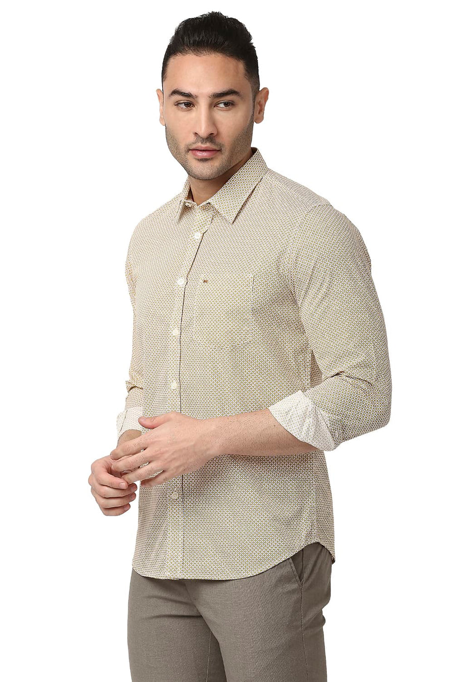 BASICS SLIM FIT LEMON YELLOW COTTON POPLIN PRINTED SHIRT