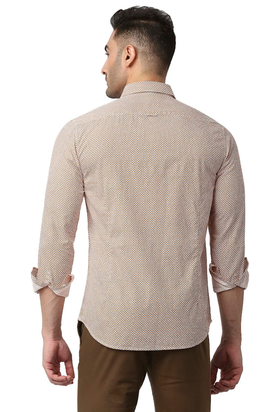 BASICS SLIM FIT GOLDEN ORANGE COTTON POPLIN PRINTED SHIRT