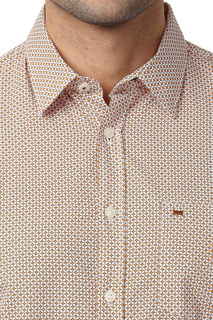 BASICS SLIM FIT GOLDEN ORANGE COTTON POPLIN PRINTED SHIRT