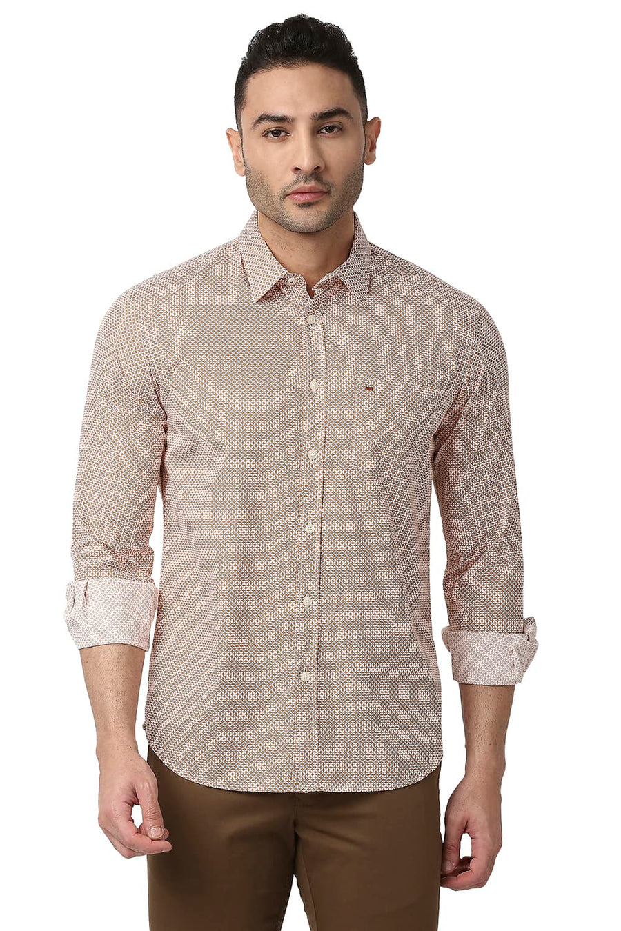 BASICS SLIM FIT GOLDEN ORANGE COTTON POPLIN PRINTED SHIRT