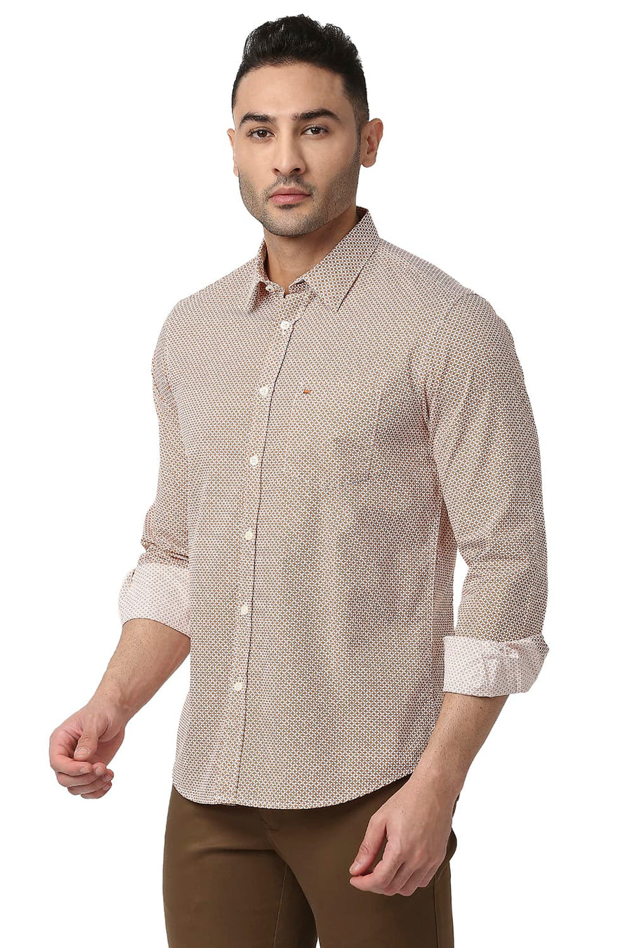 BASICS SLIM FIT GOLDEN ORANGE COTTON POPLIN PRINTED SHIRT