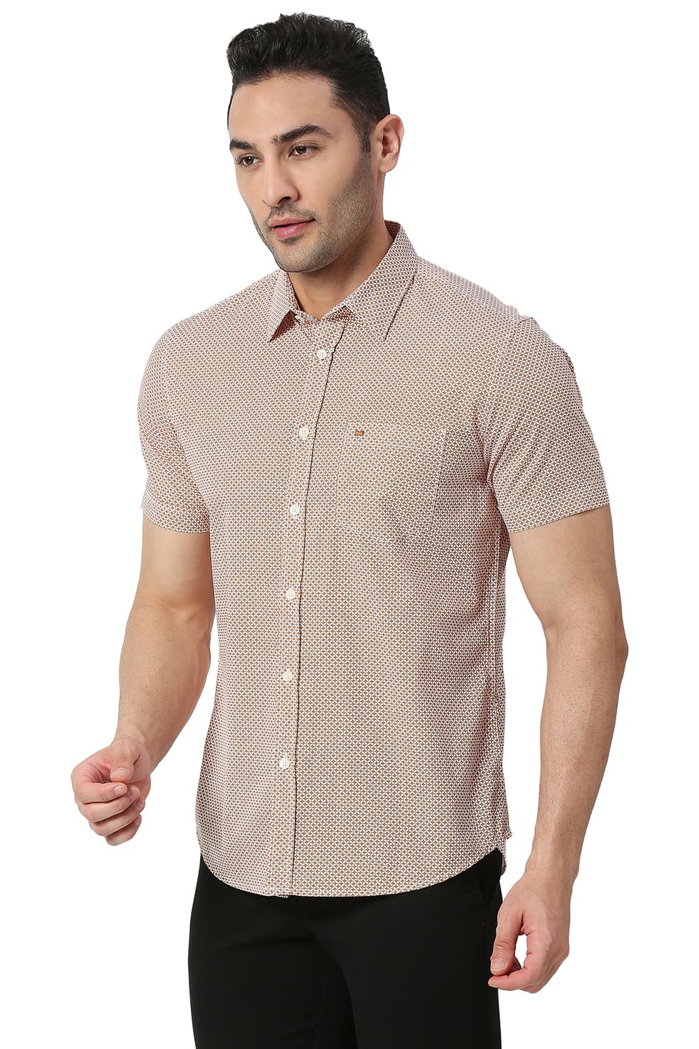 BASICS SLIM FIT COTTON POPLIN PRINTED HALFSLEEVES SHIRT