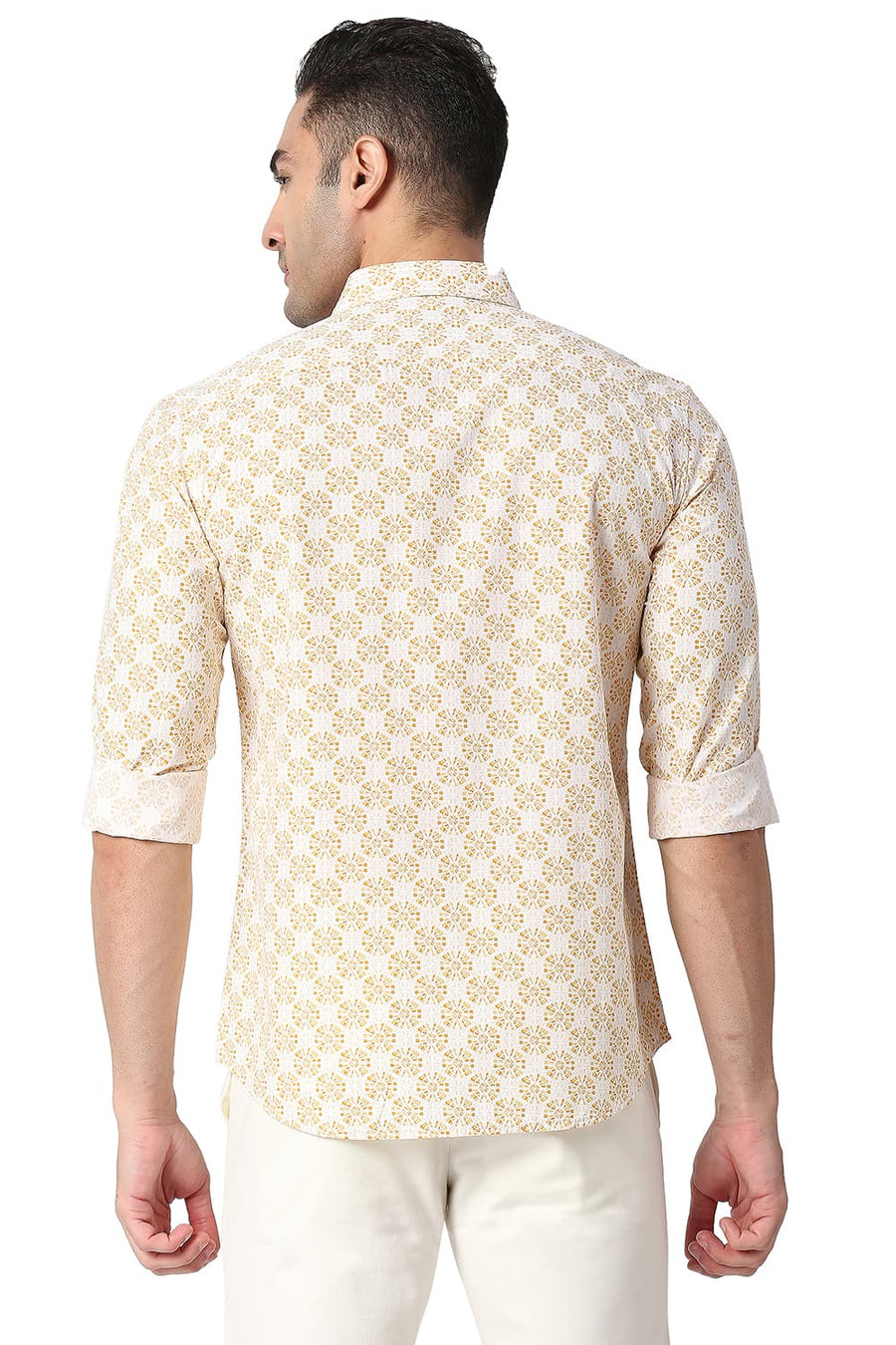 BASICS SLIM FIT APRICOT ORANGE COTTON POPLIN PRINTED SHIRT