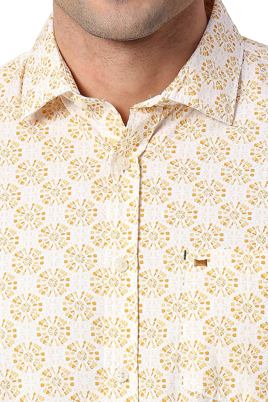 BASICS SLIM FIT APRICOT ORANGE COTTON POPLIN PRINTED SHIRT