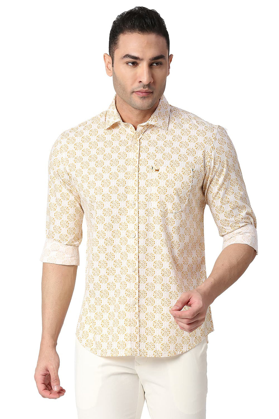 BASICS SLIM FIT APRICOT ORANGE COTTON POPLIN PRINTED SHIRT