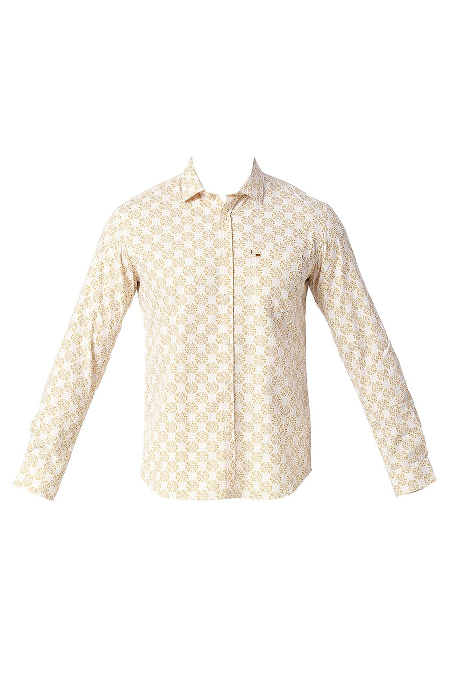 BASICS SLIM FIT APRICOT ORANGE COTTON POPLIN PRINTED SHIRT