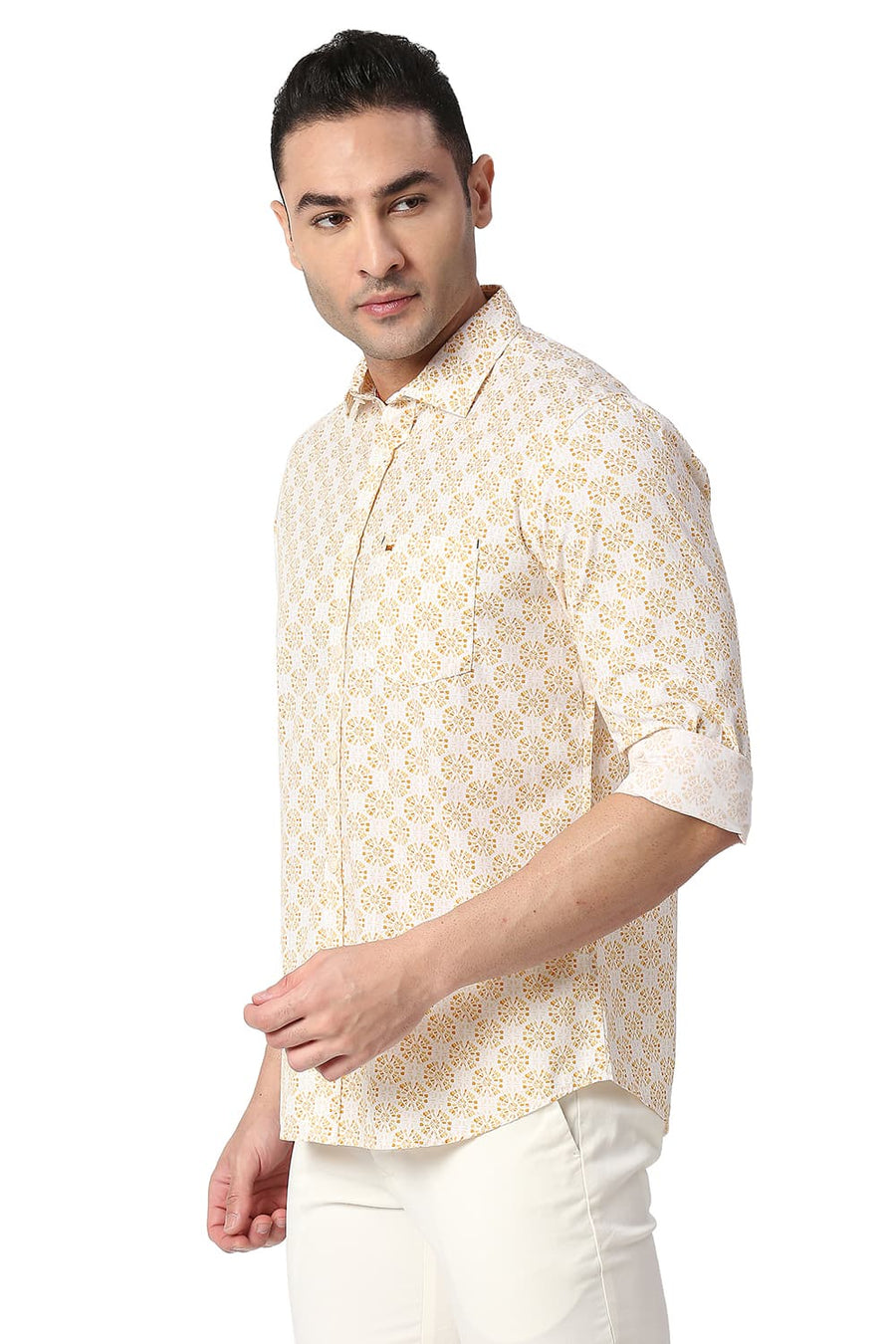 BASICS SLIM FIT APRICOT ORANGE COTTON POPLIN PRINTED SHIRT