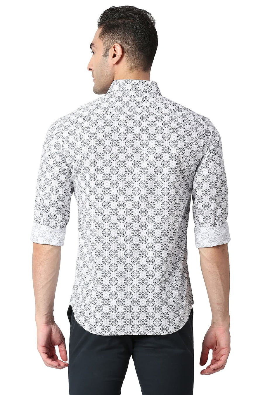 BASICS SLIM FIT SATELLITA GREY COTTON POPLIN PRINTED SHIRT