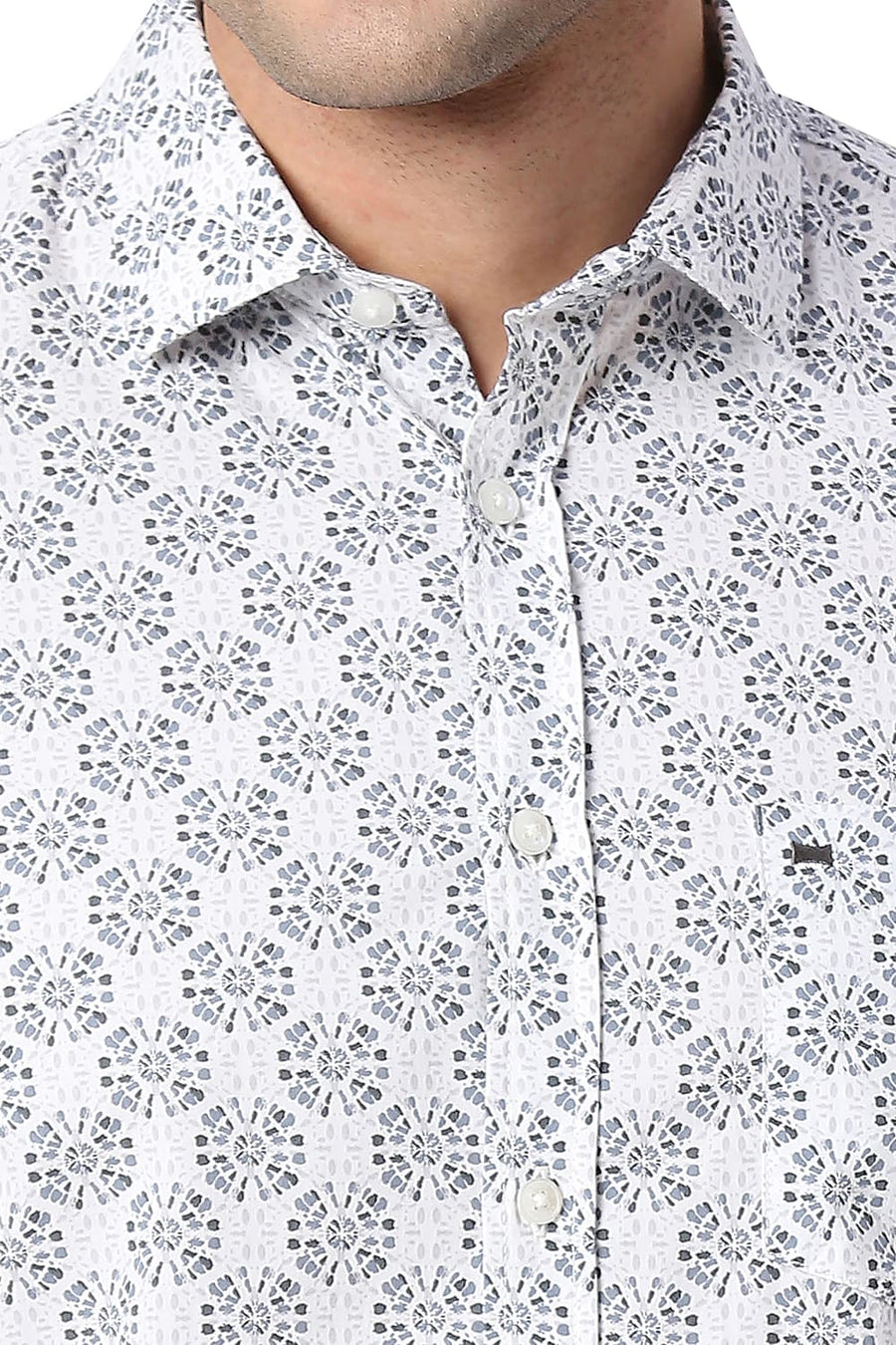 BASICS SLIM FIT SATELLITA GREY COTTON POPLIN PRINTED SHIRT