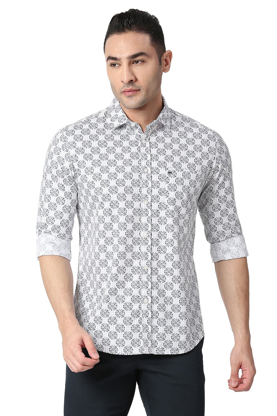 BASICS SLIM FIT SATELLITA GREY COTTON POPLIN PRINTED SHIRT