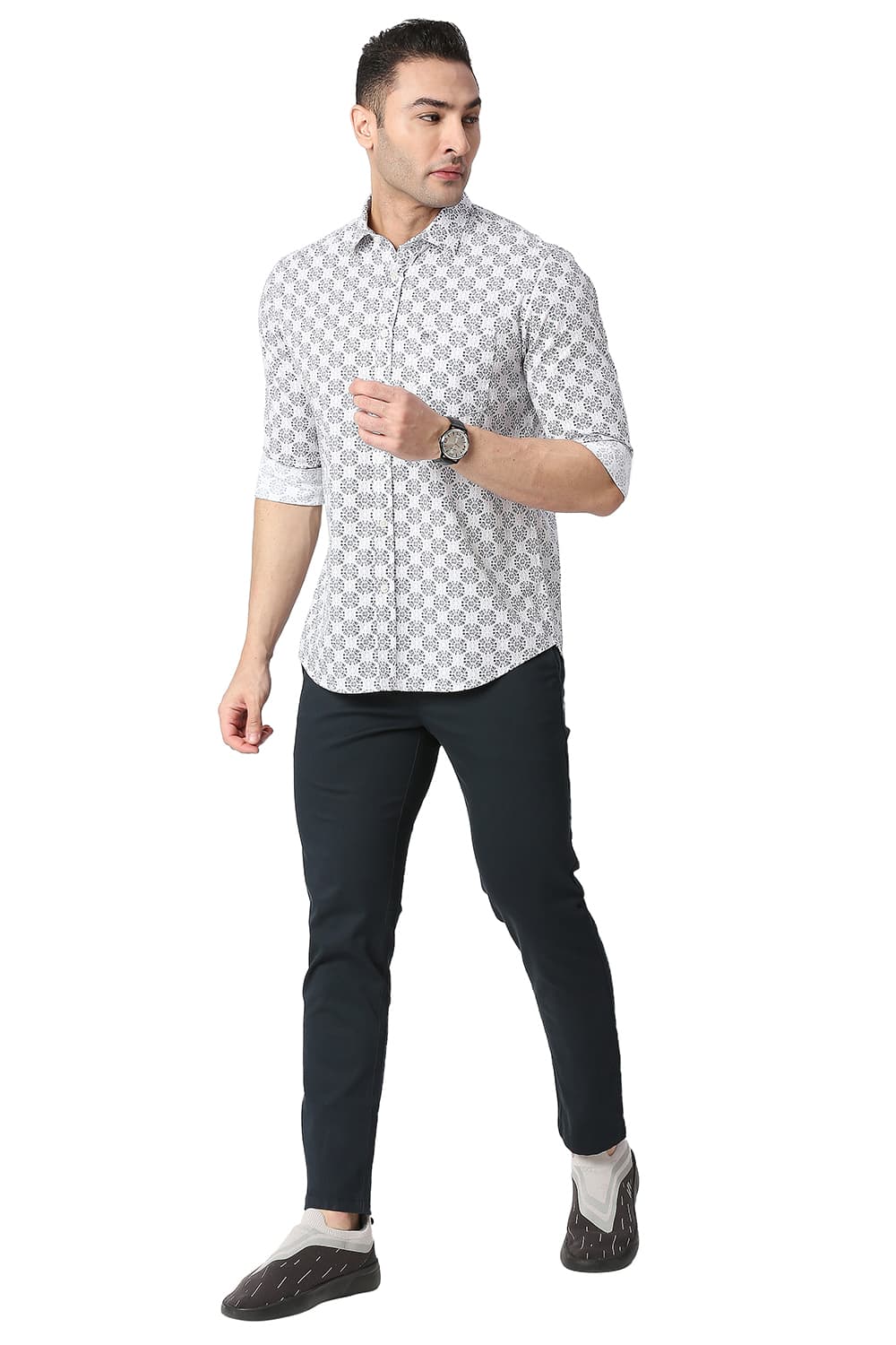 BASICS SLIM FIT COTTON POPLIN PRINTED SHIRT