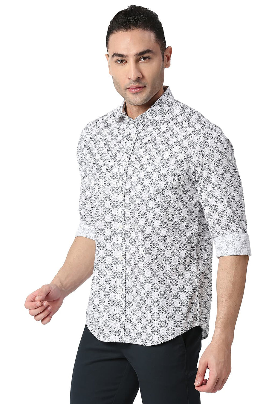 BASICS SLIM FIT SATELLITA GREY COTTON POPLIN PRINTED SHIRT