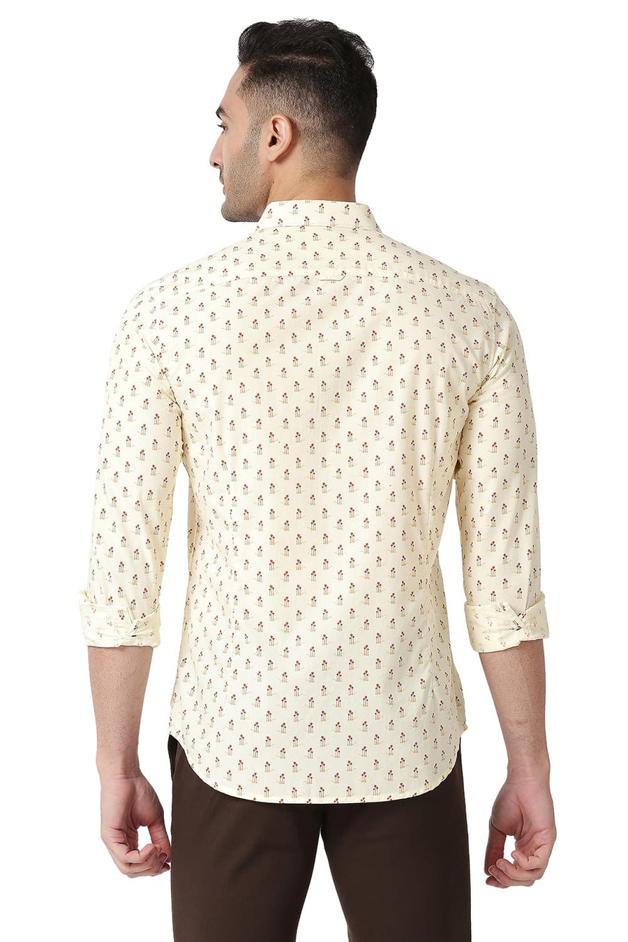 BASICS SLIM FIT DEW BEIGE COTTON POPLIN PRINTED SHIRT