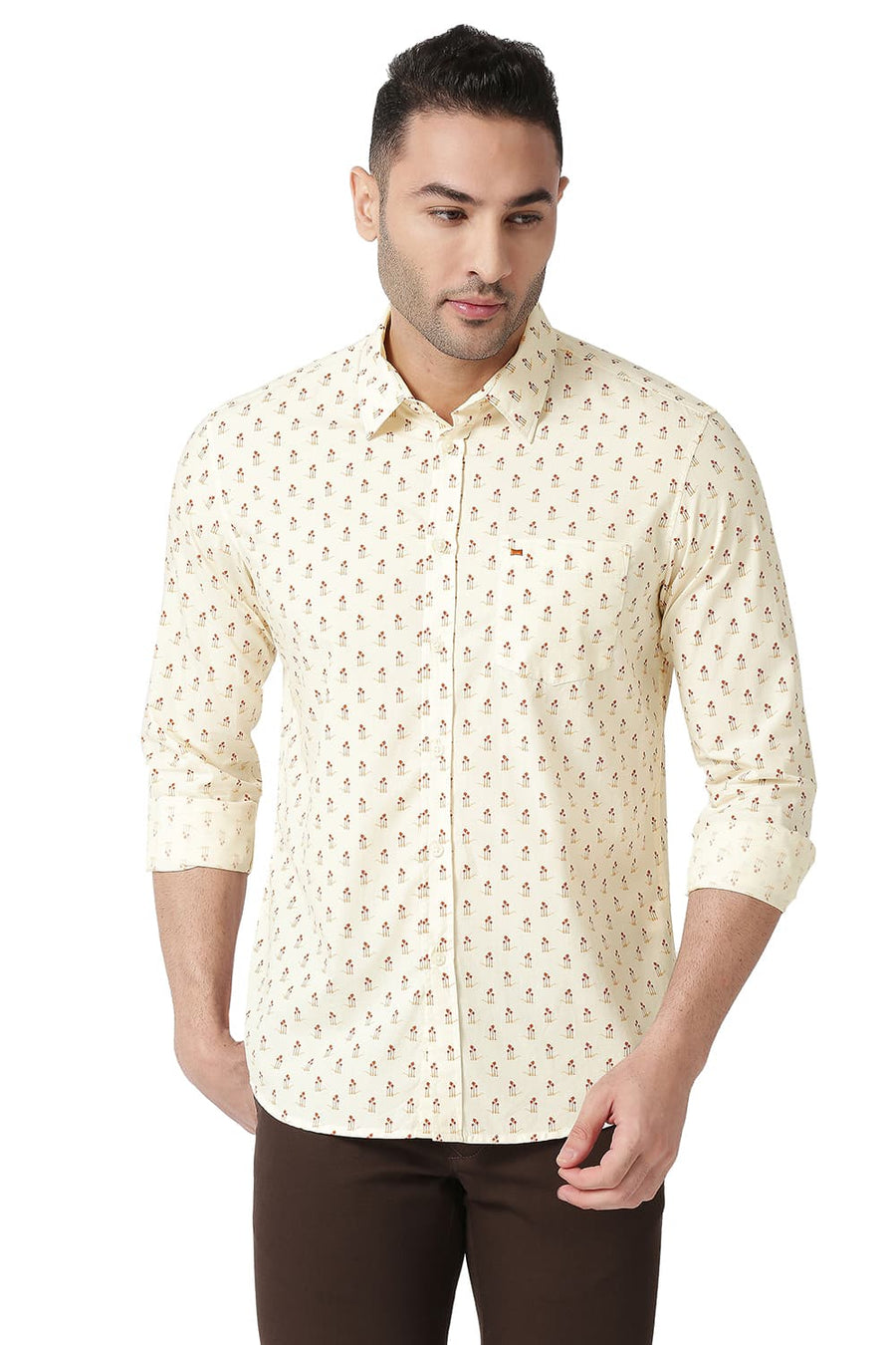 BASICS SLIM FIT DEW BEIGE COTTON POPLIN PRINTED SHIRT